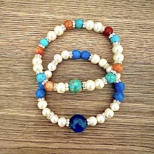 2pcs Handmade Round Beads Stretch Bracelets New High Quality Turquoise & Blue